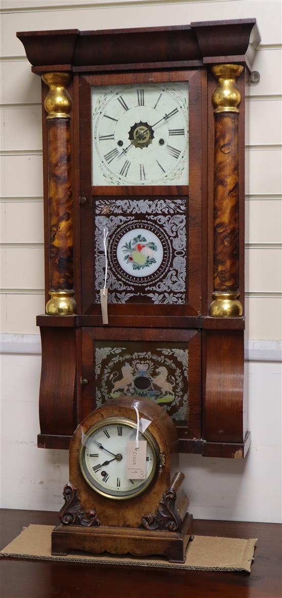 A 19th century American wall clock and a Victorian walnut mantel clock